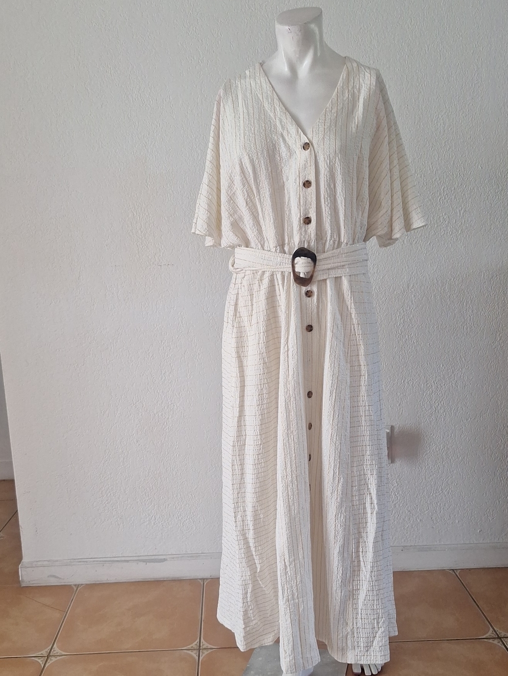 Gorgeous Calvin Klein Cream Textured Button-Front Midi Dress with Belt Sz 12 Nwt
